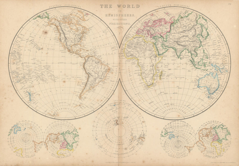 The World in Hemispheres with Other Projections by Edward Weller 1860 old map