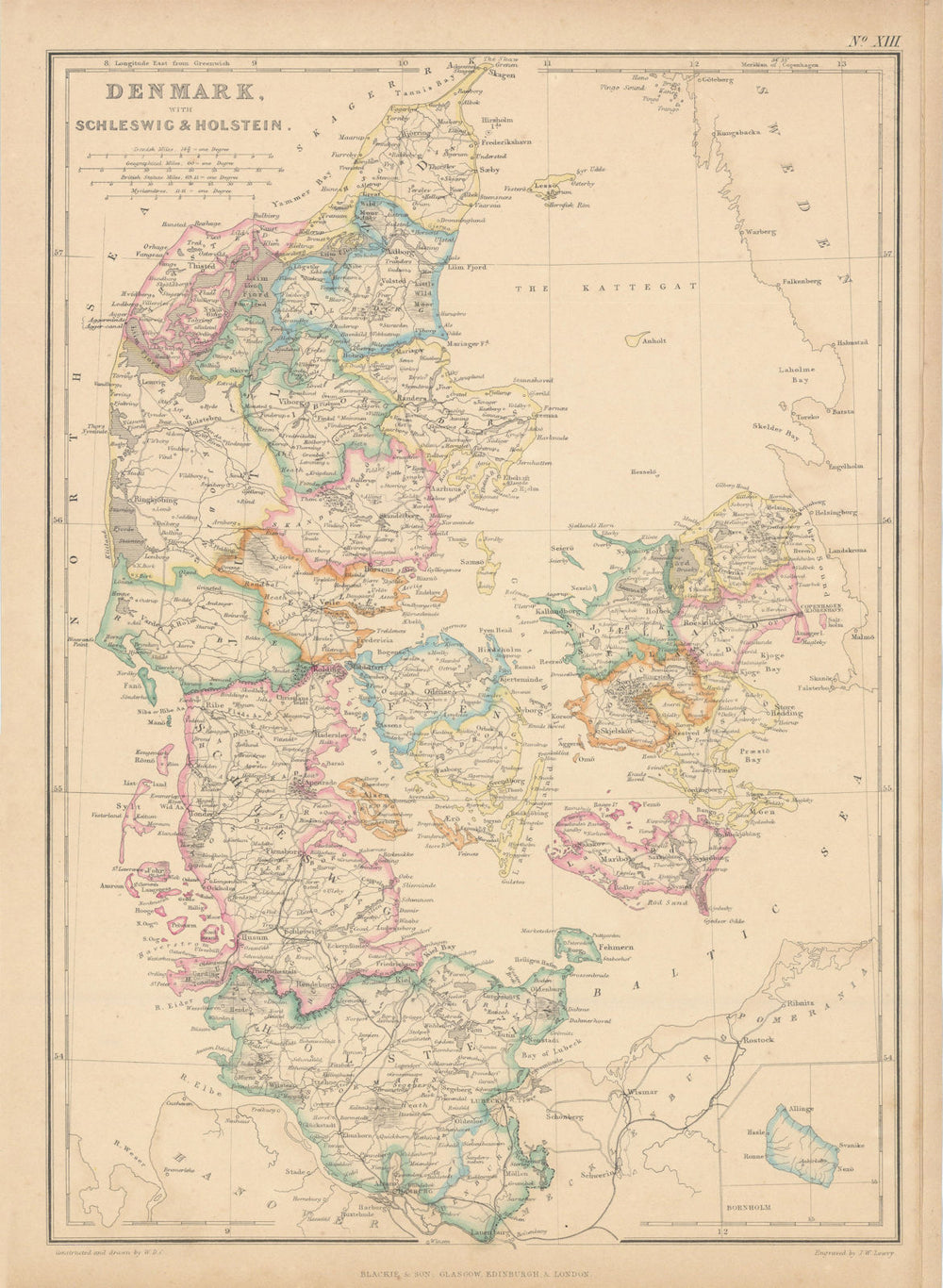 Denmark, with Schleswig & Holstein by Joseph Wilson Lowry 1860 old antique map