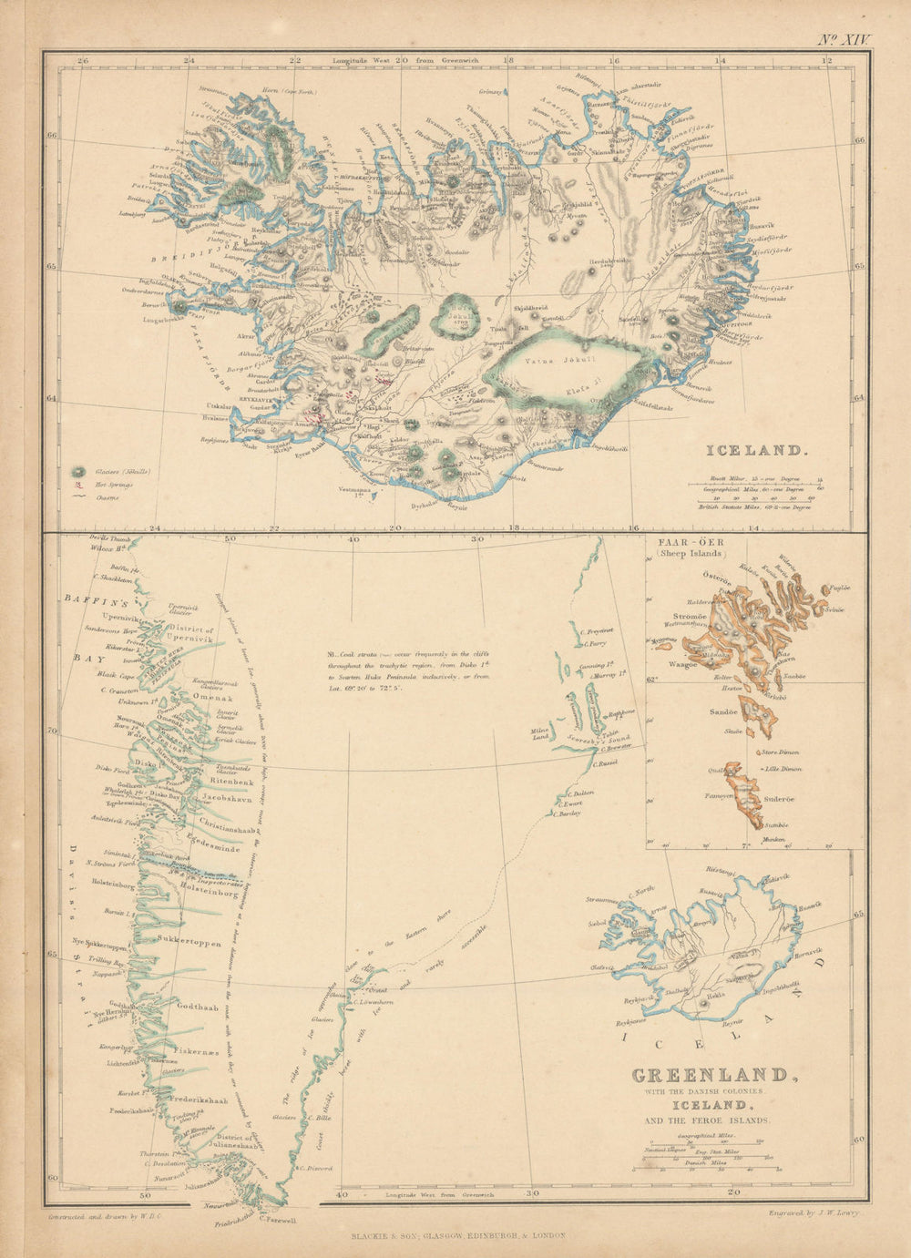 Iceland w/ glaciers. Greenland w/ Danish Colonies. Faroe Islands. LOWRY 1860 map