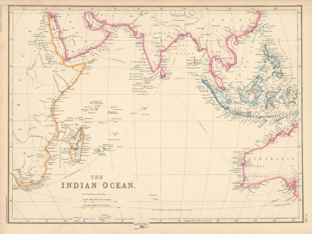 Indian Ocean showing steamer routes to India, China & Australia. WELLER 1860 map