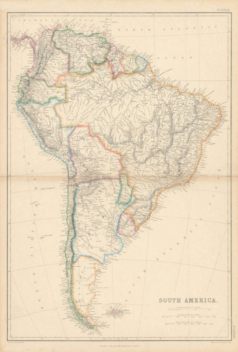South America by Joseph Wilson Lowry. Banda Oriental. Patagonia 1860 old map