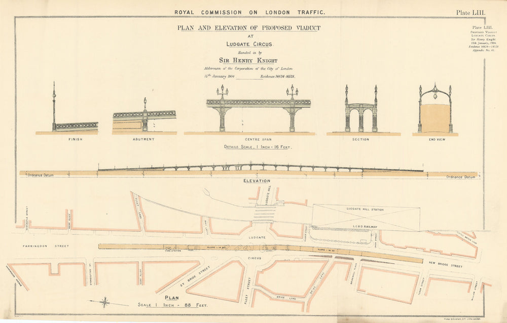 Royal Commission on London Traffic. Proposed Ludgate Circus viaduct 1906 map