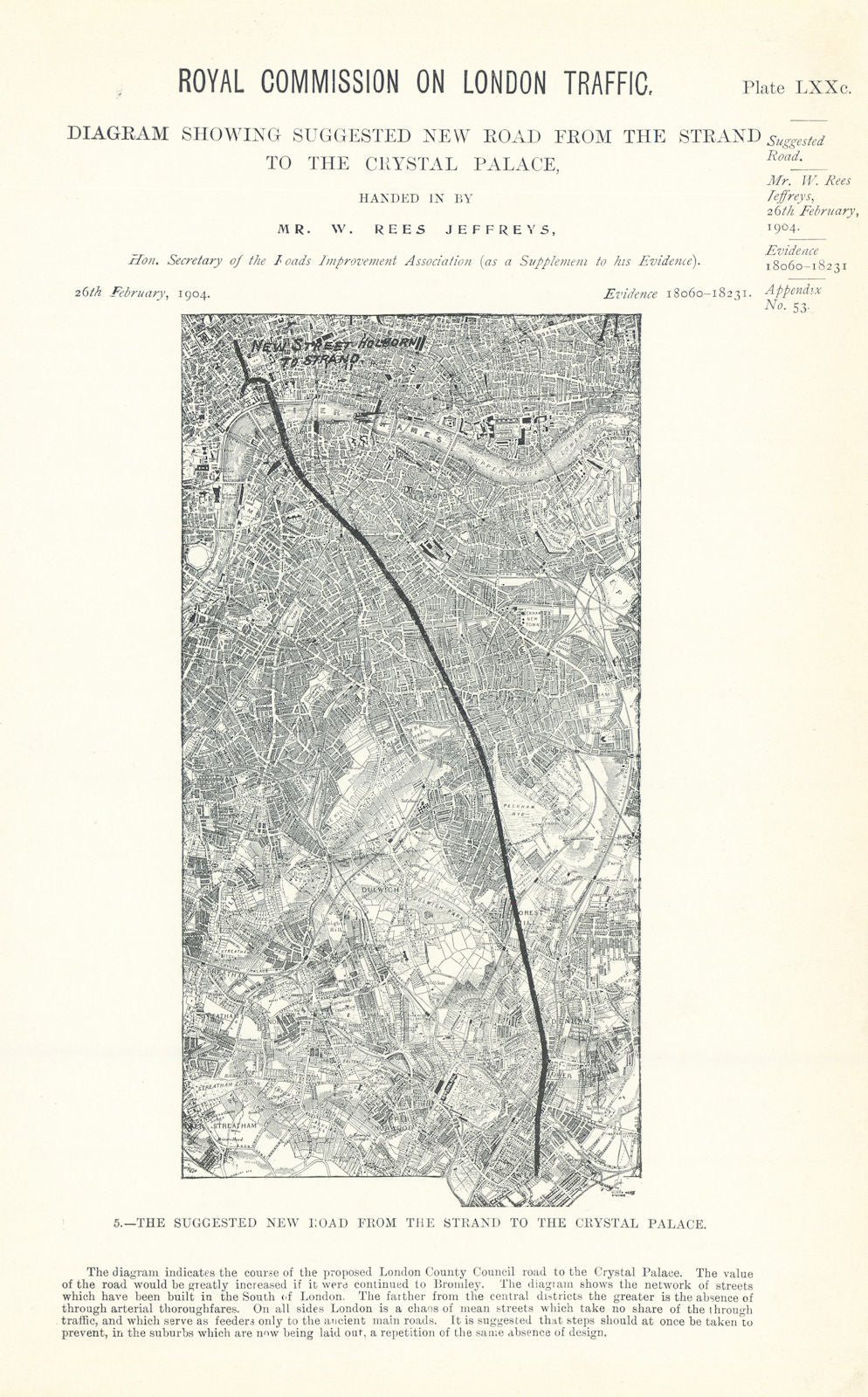 Royal Commission on London Traffic. Proposed Strand-Crystal Palace road 1906 map
