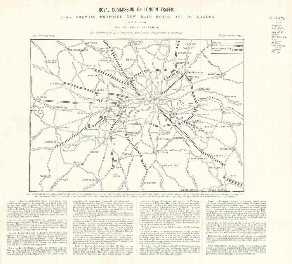 Royal Commission on London Traffic. Proposed arterial & orbital roads 1906 map