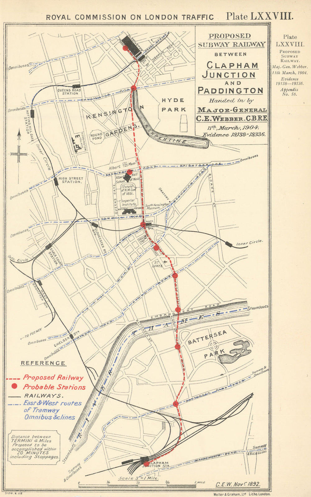 Proposed underground tube railway between Clapham Junction & Paddington 1906 map