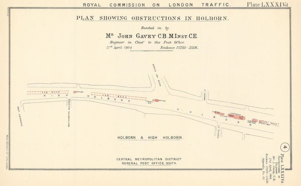 London Traffic Royal Commission. Plan showing obstructions in Holborn 1906 map