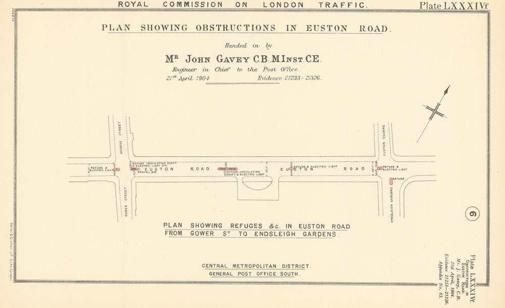 Royal Commission on London Traffic. Euston Road obstructions. Refuges 1906 map