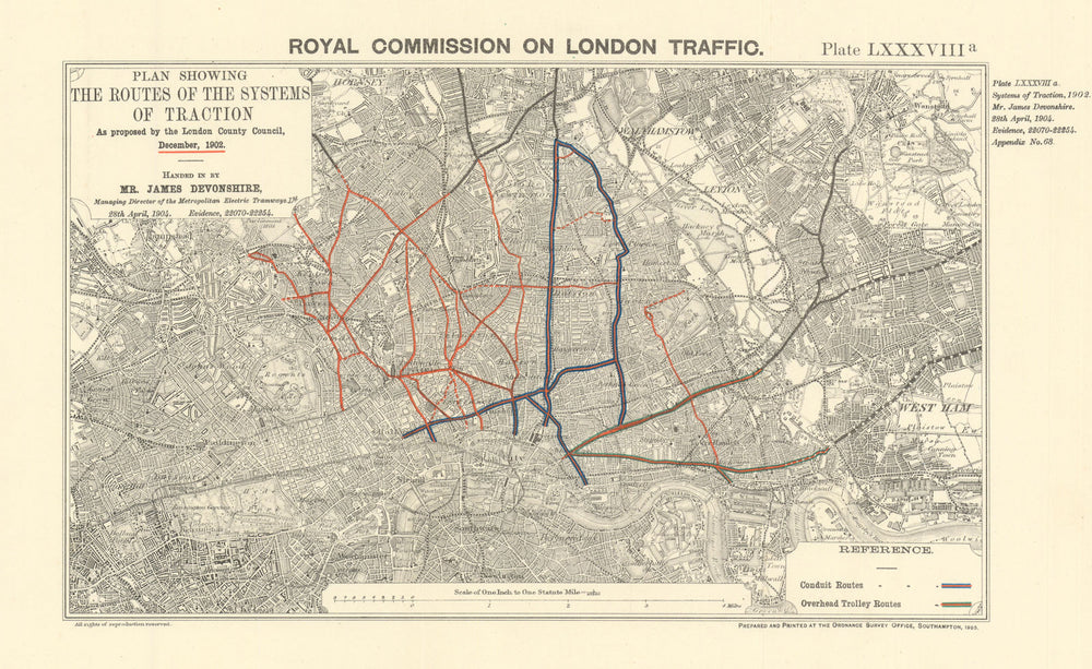 Royal Commission on London Traffic. 1902 LCC tramway traction proposals 1906 map