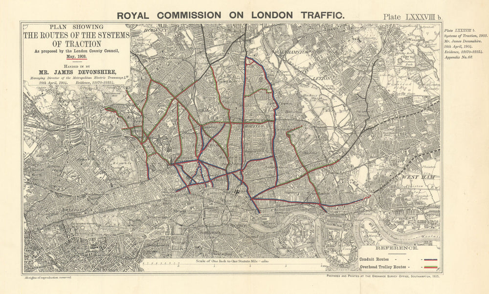 Royal Commission on London Traffic. 1903 LCC tramway traction proposals 1906 map