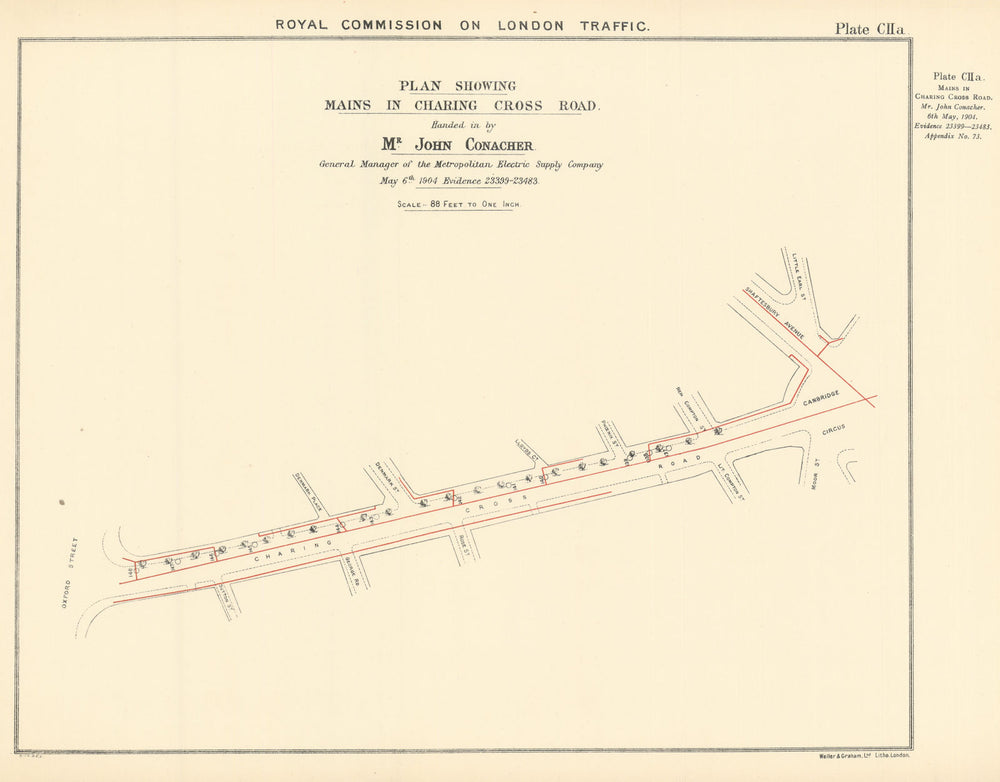 Royal Commission on London Traffic. Mains in Charing Cross Road 1906 old map