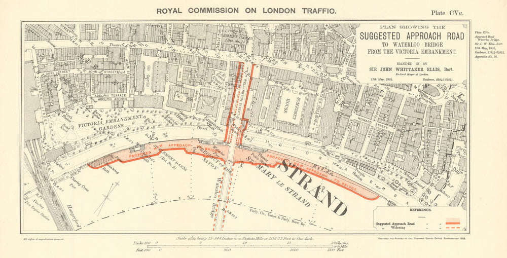 Royal Commission on London Traffic. Proposed Waterloo Bridge approach 1906 map