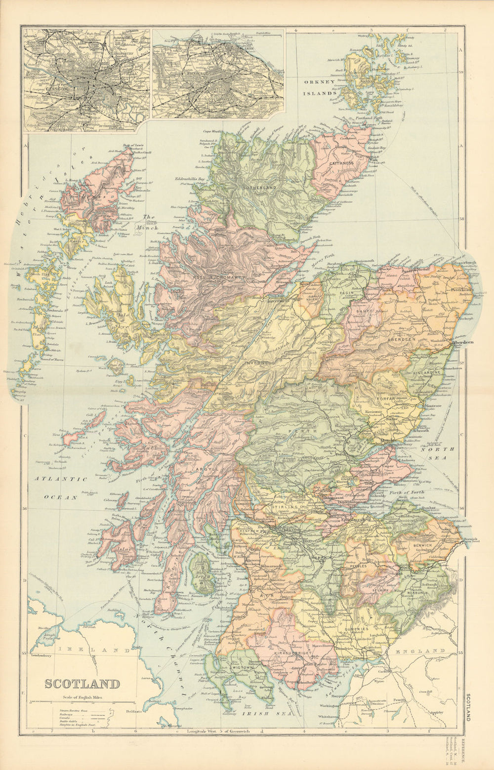 SCOTLAND in counties. Inset Edinburgh. Antique map by GW BACON 1895 old