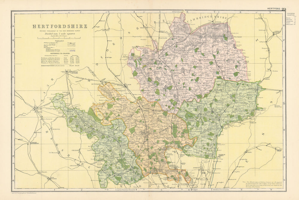 HERTFORDSHIRE antique county map by GW BACON 1895 old plan chart