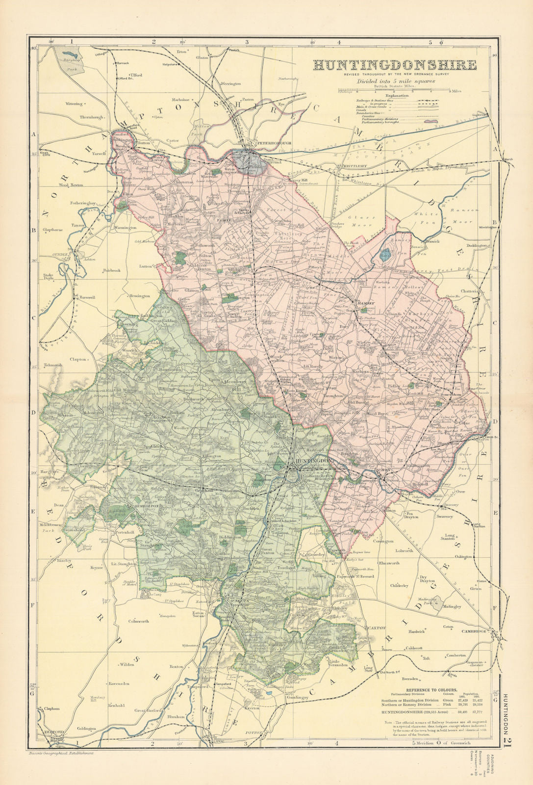 HUNTINGDONSHIRE antique county map by GW BACON 1895 old plan chart ...