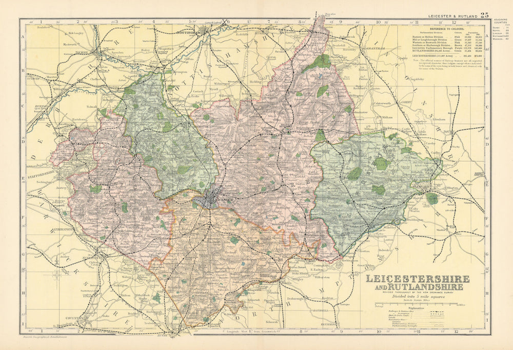 LEICESTERSHIRE & RUTLANDSHIRE antique county map by GW BACON 1895 old