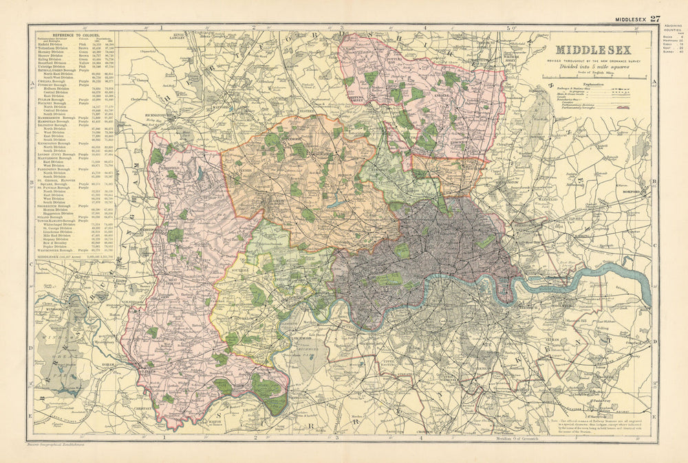 MIDDLESEX antique county map by GW BACON 1895 old plan chart