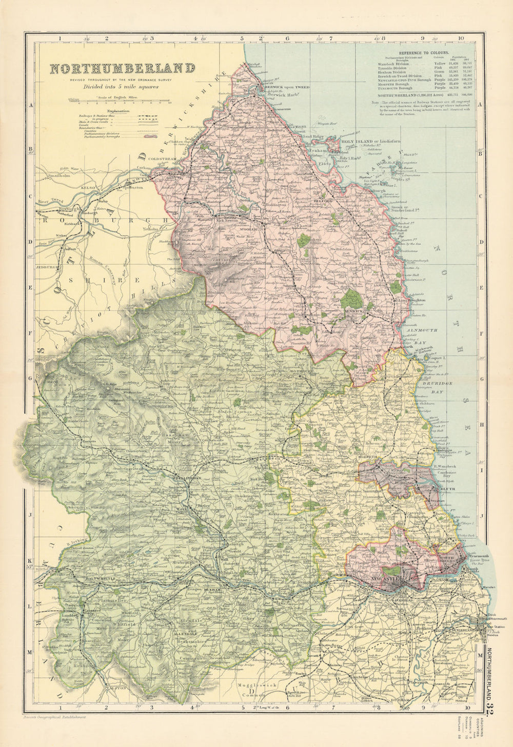 NORTHUMBERLAND antique county map by GW BACON 1895 old plan chart