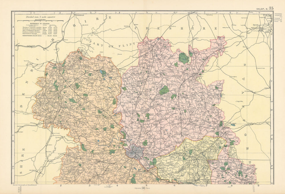 SHROPSHIRE (North) antique county map by GW BACON 1895 old chart