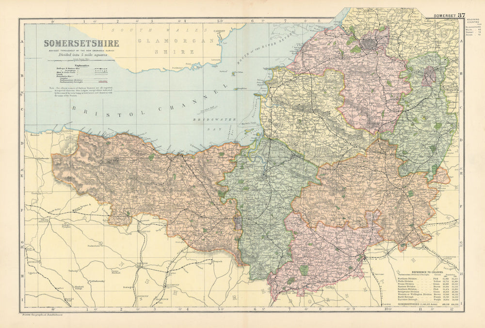 SOMERSETSHIRE Somerset antique county map by GW BACON 1895 old