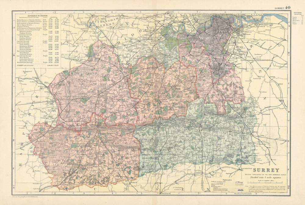 SURREY antique county map by GW BACON 1895 old vintage plan chart