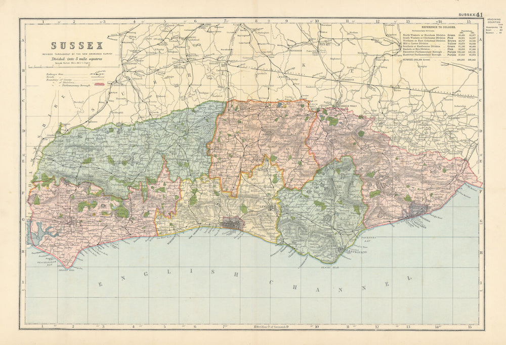 SUSSEX antique county map by GW BACON 1895 old vintage plan chart