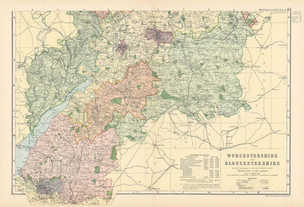 WORCESTERSHIRE & GLOUCESTERSHIRE (South) antique county map by GW BACON 1895
