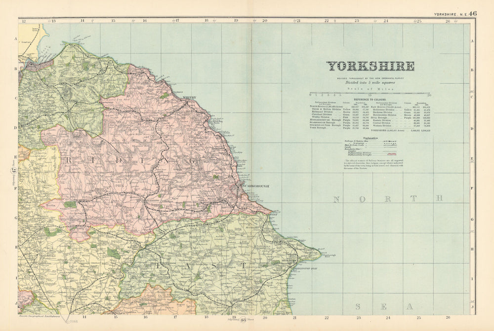 YORKSHIRE (North East) Scarborough Whitby antique county map by GW BACON 1895