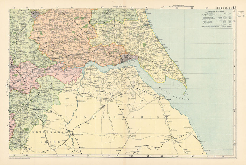 YORKSHIRE (South East) Hull York antique county map by GW BACON 1895 old