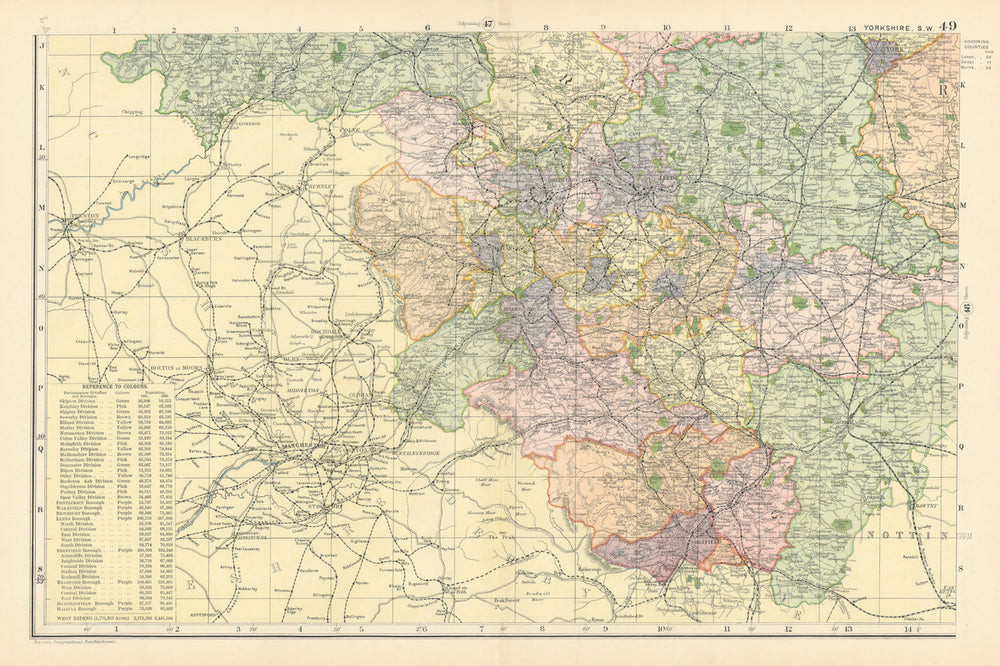 YORKSHIRE (South West) Sheffield Leeds Bradford County map GW BACON 1895