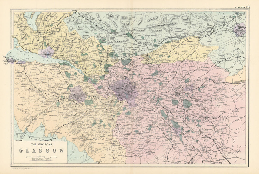 GLASGOW & ENVIRONS Lanark Renfrew Dumbarton Stirling antique map. GW BACON 1895