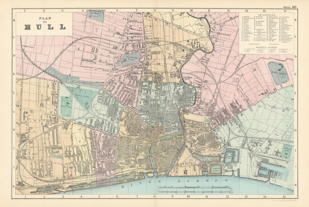 HULL Kingston Upon Hull antique town city plan by GW BACON Yorkshire 1895 map