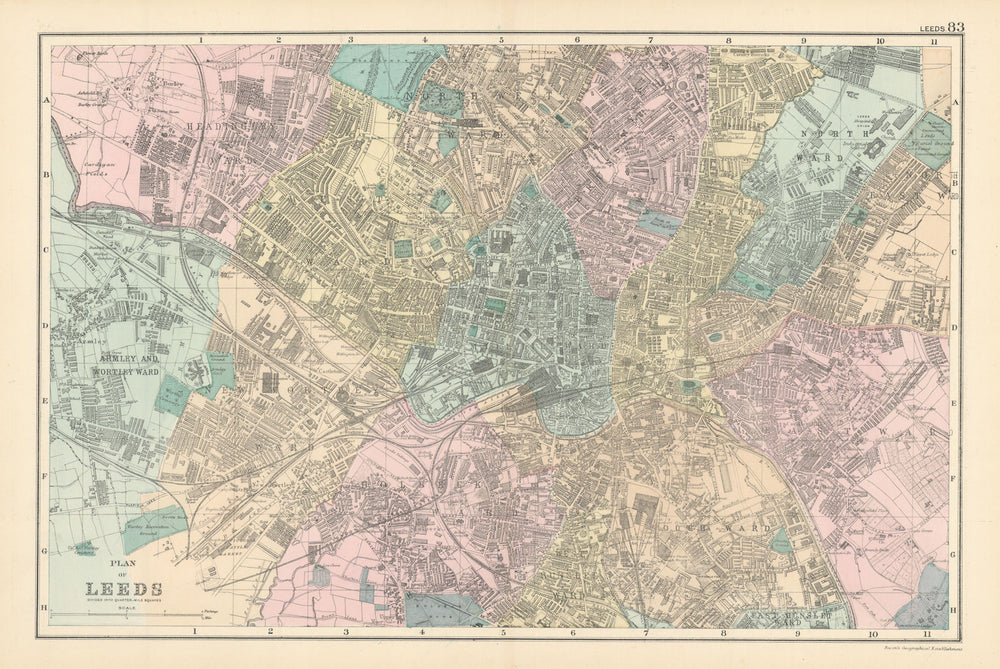 LEEDS Holbeck Wortley Headingley Brunswick Hunslet town city plan BACON 1895 map