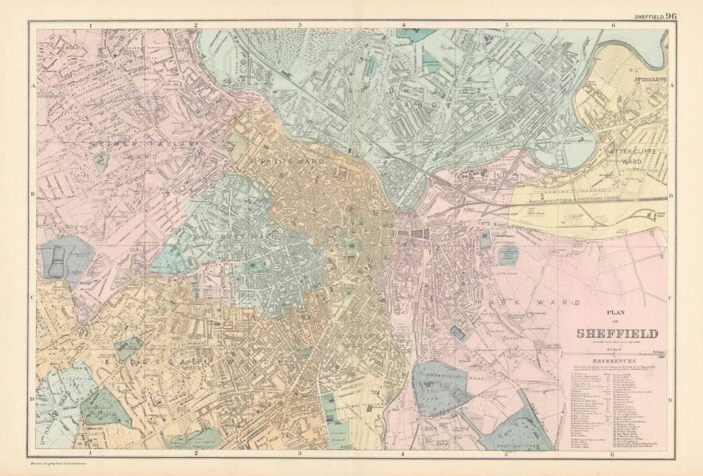 SHEFFIELD town city plan Attercliffe Ecclesall Brightside Hallam. BACON 1895 map