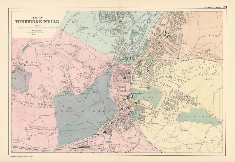 TUNBRIDGE WELLS & Rusthall antique town city plan GW BACON 1895 old map