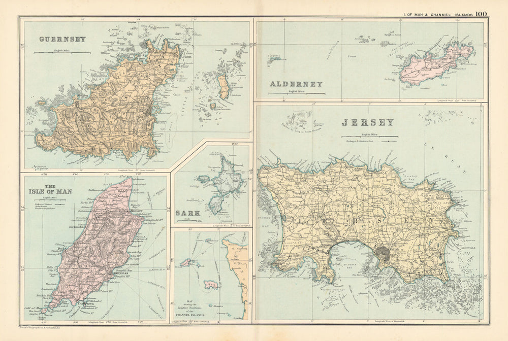 CHANNEL ISLANDS & ISLE OF MAN Alderney Guernsey Jersey Sark by GW BACON 1895 map