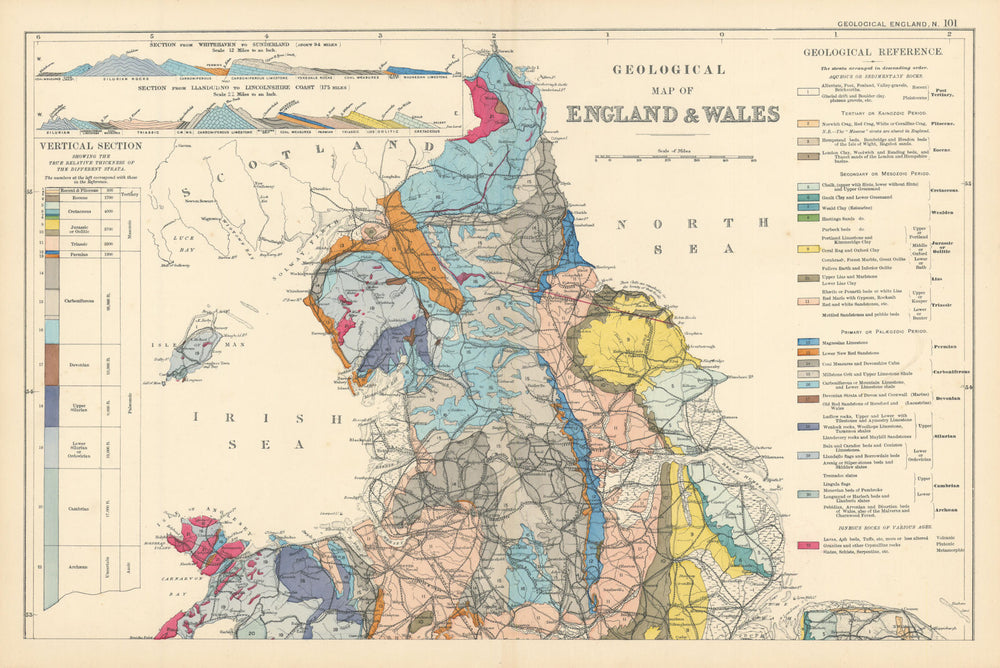 GEOLOGICAL ENGLAND & WALES (North sheet) antique map by GW BACON 1895 old