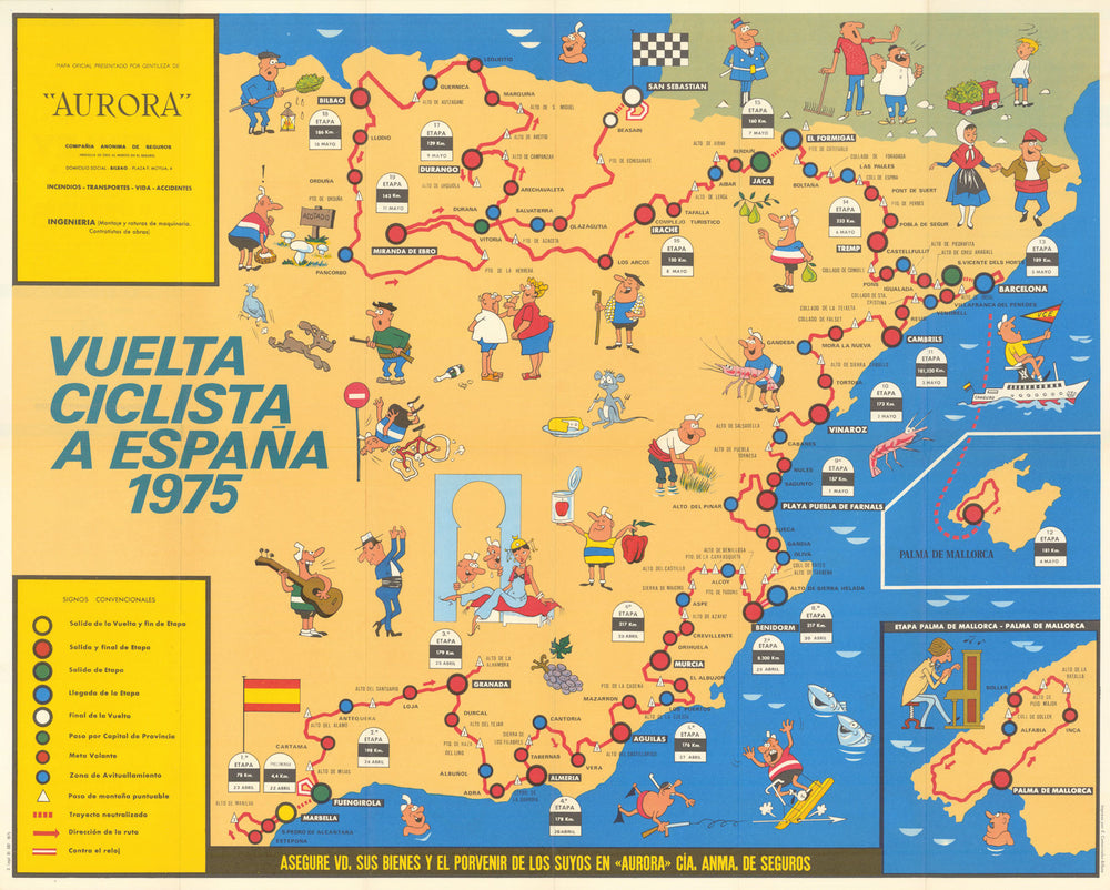 Vuelta Ciclista a España Mapa Oficial. Pictorial cycling road race map 1975