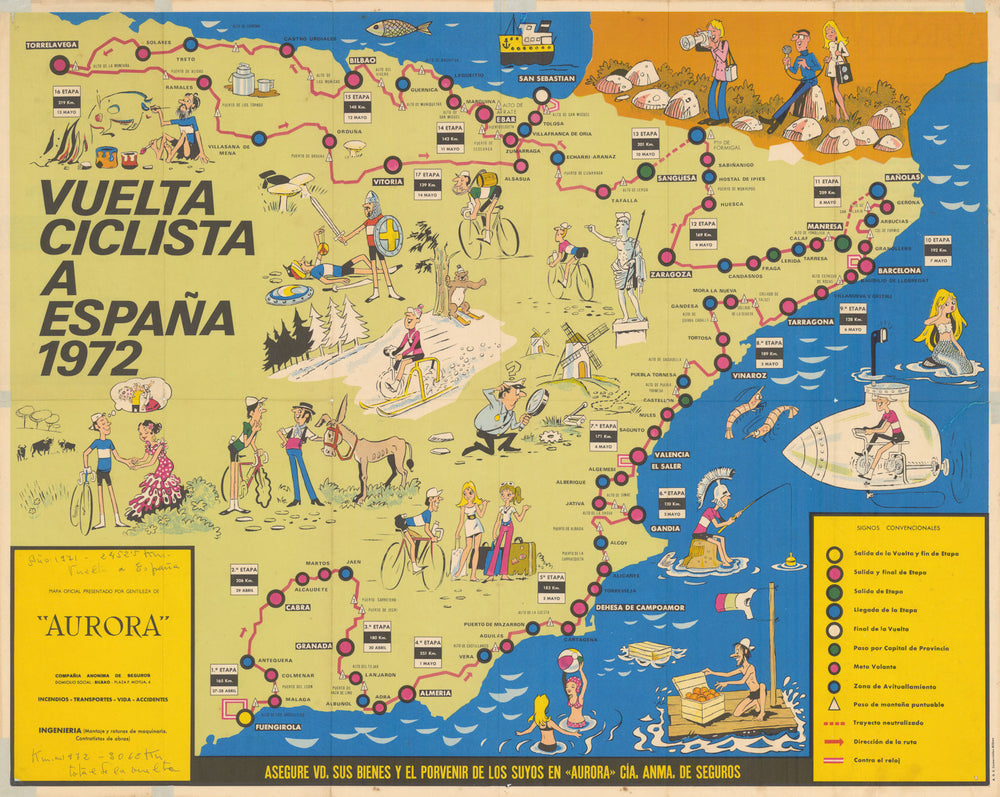 Vuelta Ciclista a España Mapa Oficial. Pictorial cycling road race map 1972