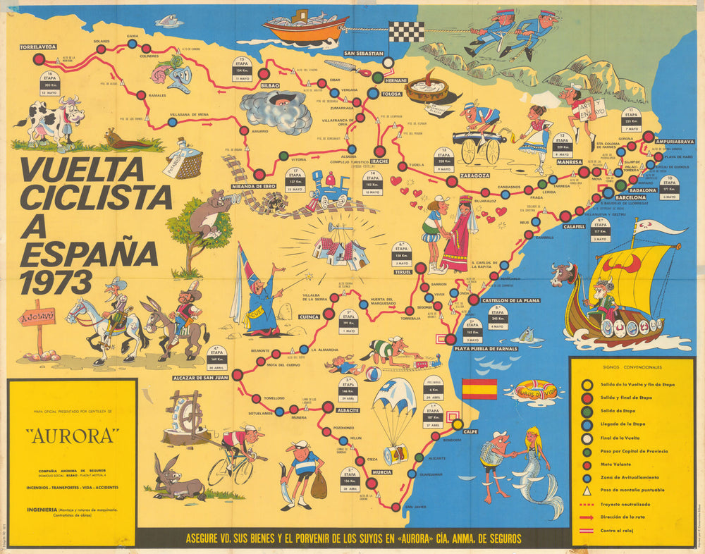 Vuelta Ciclista a España Mapa Oficial. Pictorial cycling road race map 1973