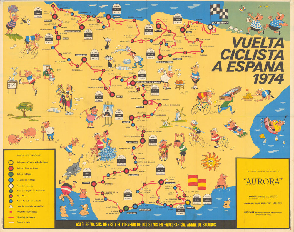 Vuelta Ciclista a España Mapa Oficial. Pictorial cycling road race map 1974