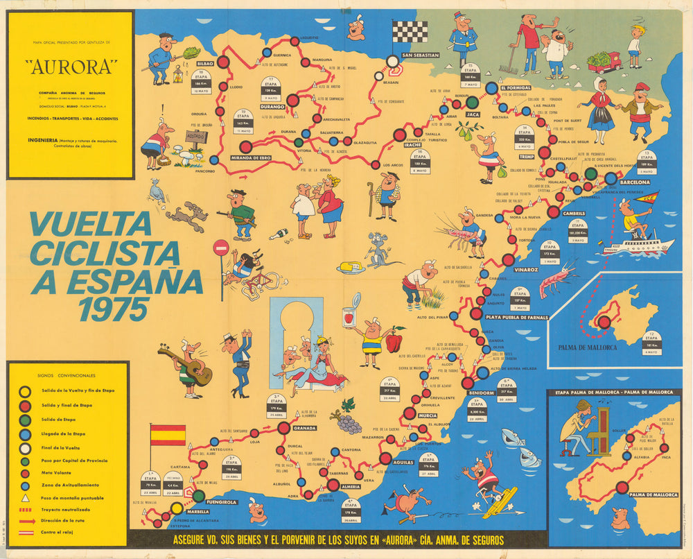 Vuelta Ciclista a España Mapa Oficial. Pictorial cycling road race map 1975