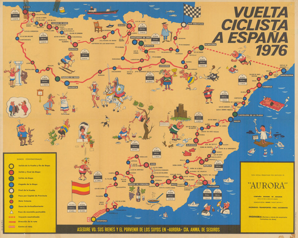 Vuelta Ciclista a España Mapa Oficial. Pictorial cycling road race map 1976
