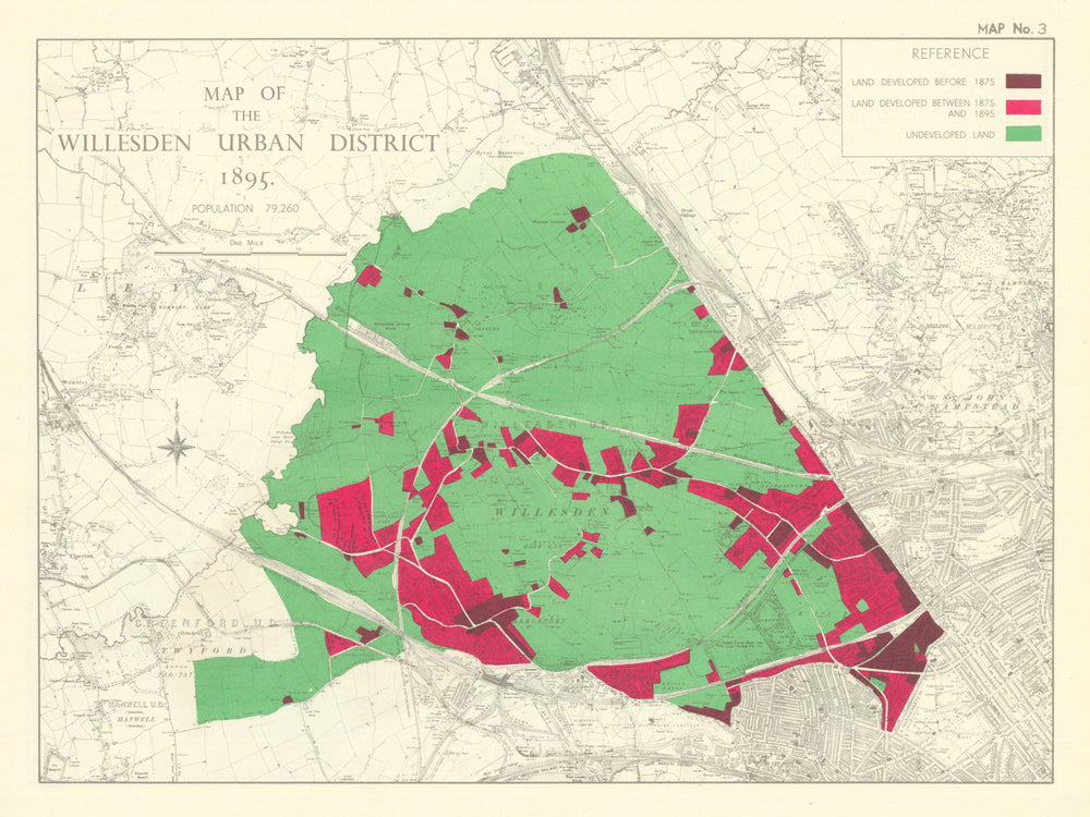 Map of the Willesden Urban District 1895. Kensal Kilburn Neasden 1950 old