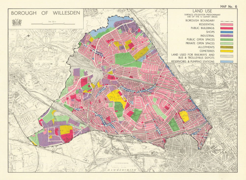 Willesden Borough. Land use. Kensal Kilburn Neasden 1950 old vintage map chart