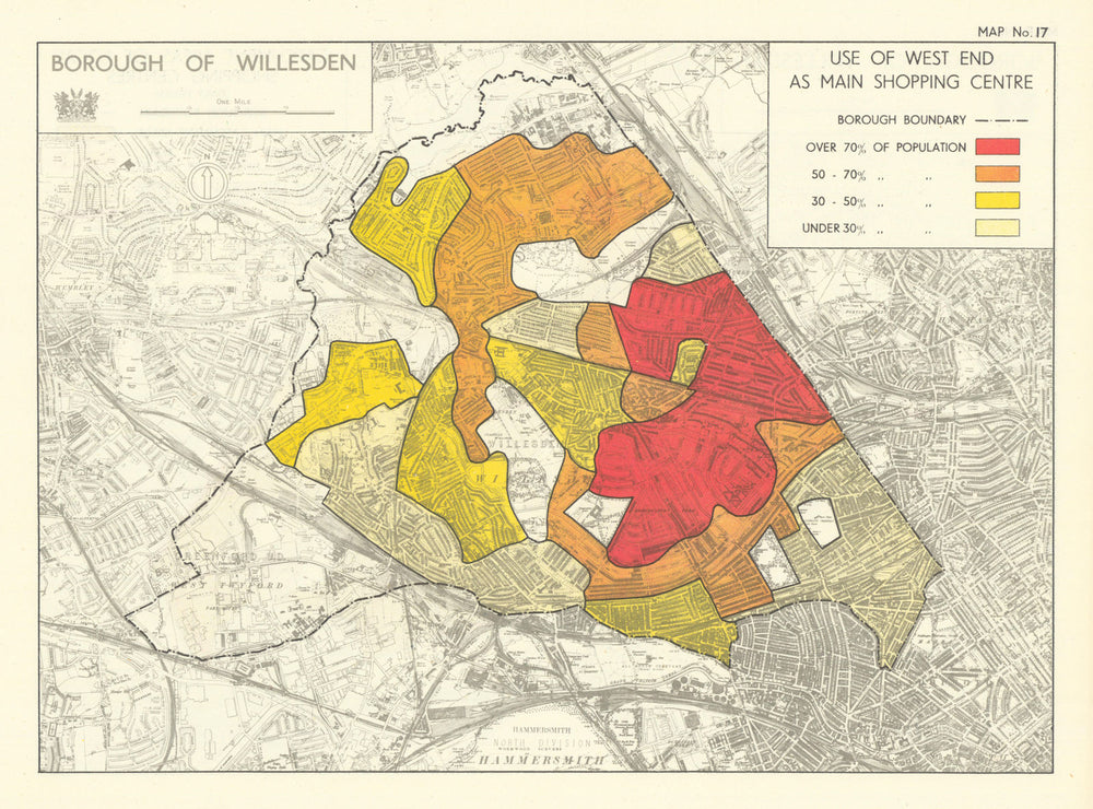 Willesden Borough. Use of West End as main shopping centre. Kilburn 1950 map