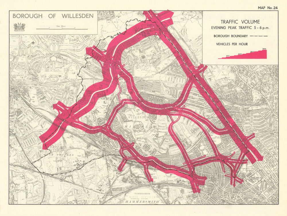 Willesden Borough. Traffic volume. Kensal Kilburn Neasden 1950 old vintage map
