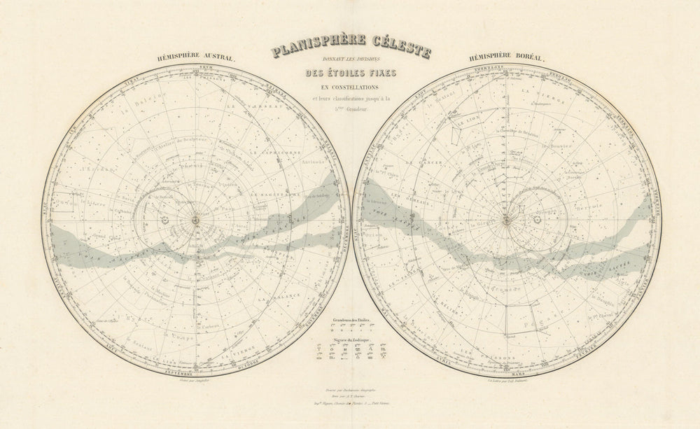 Planisphère céleste by Migeon. Astronomical twin hemisphere star charts 1861 map