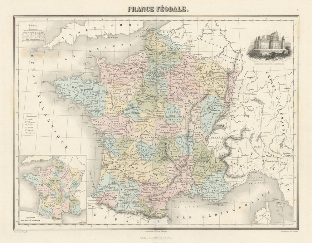 France Féodale by Migeon. Feudal / Medieval France 1861 old antique map chart