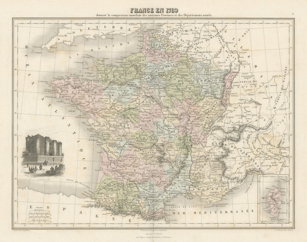 France en 1789 by Migeon. Pre-Napoleonic France 1861 old antique map chart