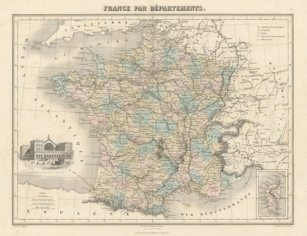 France par Départements by Migeon. France in Departments 1861 old antique map